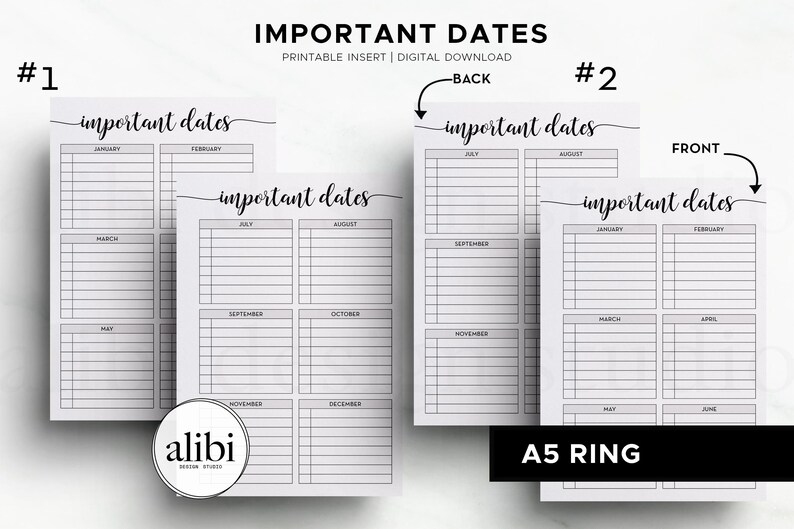 May include: Printable insert with the text "IMPORTANT DATES" in a handwritten font. The insert is divided into monthly sections with space for notes. The design includes the text "PRINTABLE INSERT | DIGITAL DOWNLOAD" and the text "A5 RING".