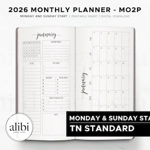 Standard TN 2026 Planner Monthly Planner 2026 Calendar Traveler’s Notebook Printable Inserts Midori Regular | Monday & Sunday Start