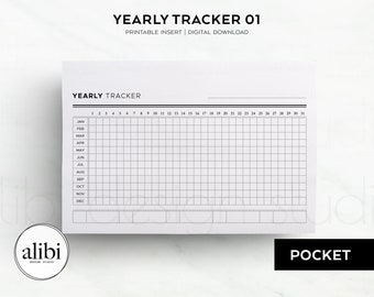 May include: A white yearly tracker printable insert with black text and grid lines. The document features a header labeled YEARLY TRACKER 01, a grid with months from JAN to DEC, and columns numbered 1 through 31 for daily tracking.