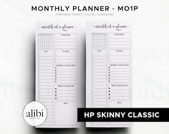 Skinny Classic Happy Planner Monthly Planner, Monthly Overview Calendar HP Half Sheet Printable Inserts To Do List
