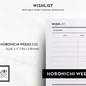 May include: Printable wishlist planner insert for Hobonichi Weeks size, 3.25 inches by 7 inches, with sections for category, item, price, priority, and a check box.
