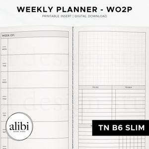 May include: Open weekly planner with a grid and lined pages. The planner includes sections for each day of the week, a to-do list, and a to-buy list. Text on the top reads "WEEKLY PLANNER - WO2P". The bottom right corner reads "TN B6 SLIM".