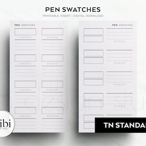 Pode incluir: Amostras de canetas imprimíveis para um caderno de viagem. A página tem duas colunas com várias linhas de caixas retangulares para testar diferentes canetas. O texto "PEN SWATCHES" e "TN STANDARD" está impresso na página.