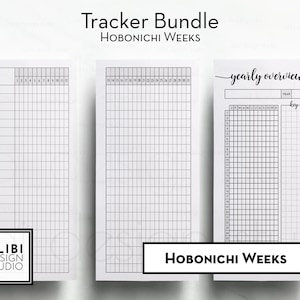 May include: Three printable planner pages for a Hobonichi Weeks planner. The pages are for tracking habits, a yearly overview, and a key. The pages are black and white and have a grid pattern.