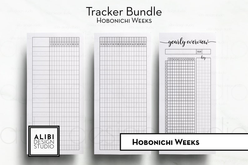 May include: Three printable planner pages for a Hobonichi Weeks planner. The pages are for tracking habits, a yearly overview, and a key. The pages are black and white and have a grid pattern.