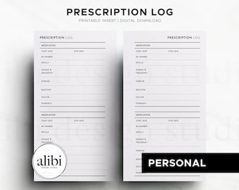 Personal Prescription Log, Prescription Tracker Personal Printable Planner Inserts, Doctor Visits Medical Information Planner