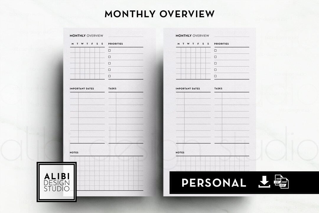 Personal, Monthly Planner, Month at a Glance Personal Inserts Minimal ...