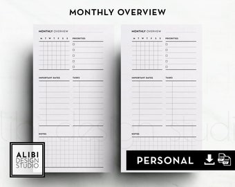 Personal, Monthly Planner, Month at a Glance Personal Inserts Minimal Monthly Overview Task List Important Dates | Mo1P