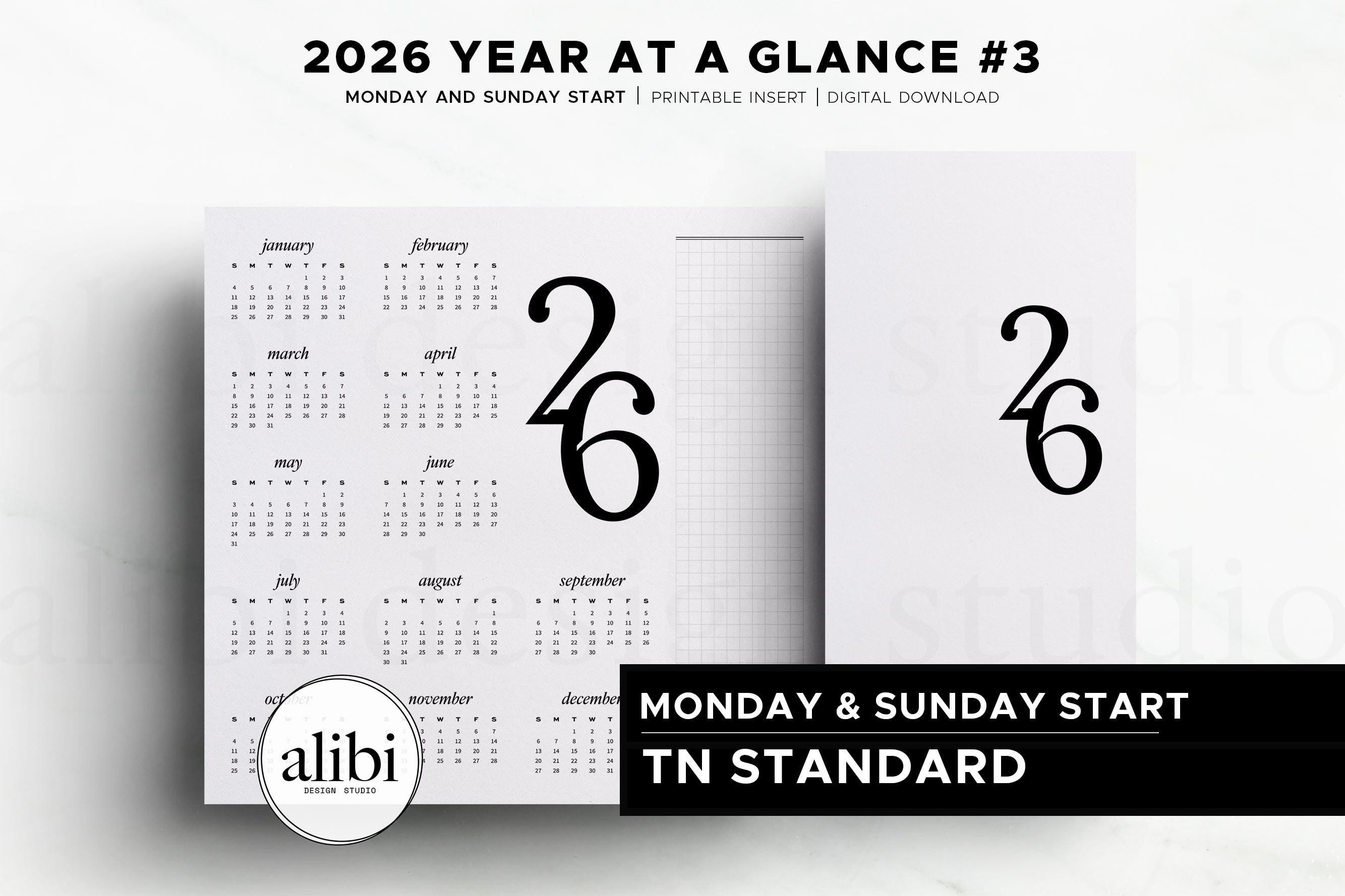 Printable Standard TN 2026 Calendar Year at a Glance Travelers