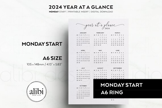 2024 Printable Calendar A6 Ring Inserts, 2024 Dated Yearly Overview, 12  Month Calendar Template PDF, Monday Sunday Start, Digital Download (Instant  Download) - …