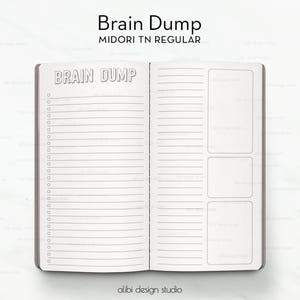 Könnte beinhalten: Offenes Notizbuch mit dem Schriftzug "Brain Dump" oben. Das Notizbuch hat linierte Seiten und einen Notizbereich. Das Notizbuch ist in der Größe Midori TN Regular.