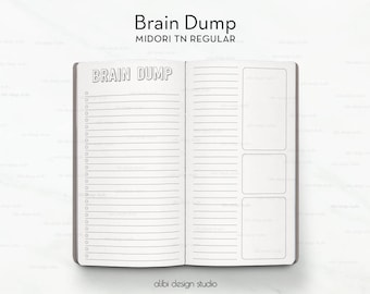 May include: Open notebook with the words "Brain Dump" at the top. The notebook is open to two pages with lined paper and a section for notes. The notebook is a Midori TN Regular size.