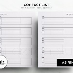 A5 Contact List Printable Contact Information Address Book A5 Printable Planner Inserts