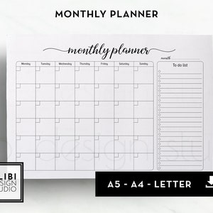 A5 A4 Letter Monthly Planner Monthly Calendar, To Do List Monthly Printable Desk Calendar Monthly Overview Printable Planner Inserts | Mo1P