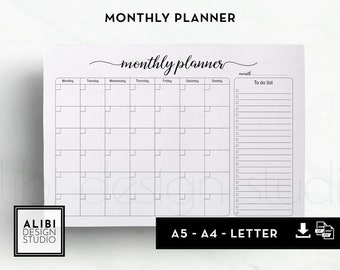 A5 A4 Letter Monthly Planner Monthly Calendar, To Do List Monthly Printable Desk Calendar Monthly Overview Printable Planner Inserts | Mo1P