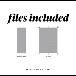 K&ouml;nnte beinhalten: Eine grafische Darstellung mit dem Text files included oben und ALIBI DESIGN STUDIO unten. Sie zeigt zwei graue Rechtecke mit der Beschriftung BORDERLESS und SPREAD, wobei letzteres Schnittmarken und den Text ALIBI DESIGN STUDIO aufweist.