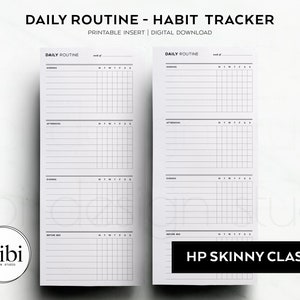 Può includere: Pianificatore di abitudini di routine quotidiana stampabile con due pagine, ciascuna con una griglia per tenere traccia delle routine del mattino, del pomeriggio, della sera e dell'ora di coricarsi. Il testo "HP SKINNY CLASSIC" è in fondo alla pagina.
