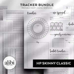 Könnte beinhalten: Eine Sammlung von schwarz-weißen, druckbaren Planer-Einlagen mit der Aufschrift Tracker Bundle, einschließlich verschiedener Gewohnheits-Tracker, eines Ausgaben-Trackers und einer Jahresübersicht. Die Seiten zeigen Raster, Kreisdiagramme und Wabenmuster mit dem Text HP SKINNY CLASSIC.