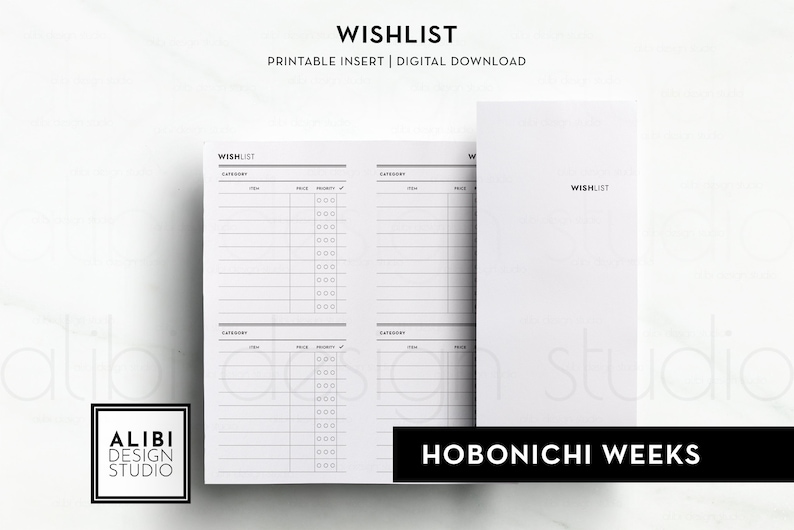 May include: Printable wishlist insert for a Hobonichi Weeks planner. The insert has two pages with columns for category, item, price, priority, and a check box.