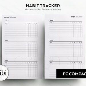 May include: Printable habit tracker with a grid layout for tracking daily habits. The tracker has space for the week of the habit and the days of the week. The text "HABIT TRACKER" appears at the top of the page. The text "FC COMPACT" appears at the bottom of the page.