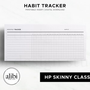 Puede incluir: Un inserto imprimible de seguimiento de hábitos rectangular blanco con texto y líneas de cuadrícula negras. La parte superior dice HABIT TRACKER, PRINTABLE INSERT | DIGITAL DOWNLOAD, MONTHLY TRACKER y month of. La cuadrícula incluye números del 1 al 31.