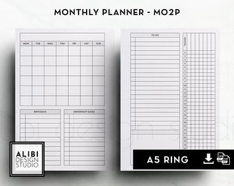 Planificador mensual A5 Mes en dos páginas Rastreador de hábitos Insertos de planificador imprimibles A5 Mes de un vistazo / Mo2P