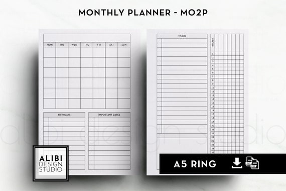 A5 Monthly Planner Month on Two Pages Habit Tracker A5 Printable Planner Inserts Month at a Glance | Mo2P
