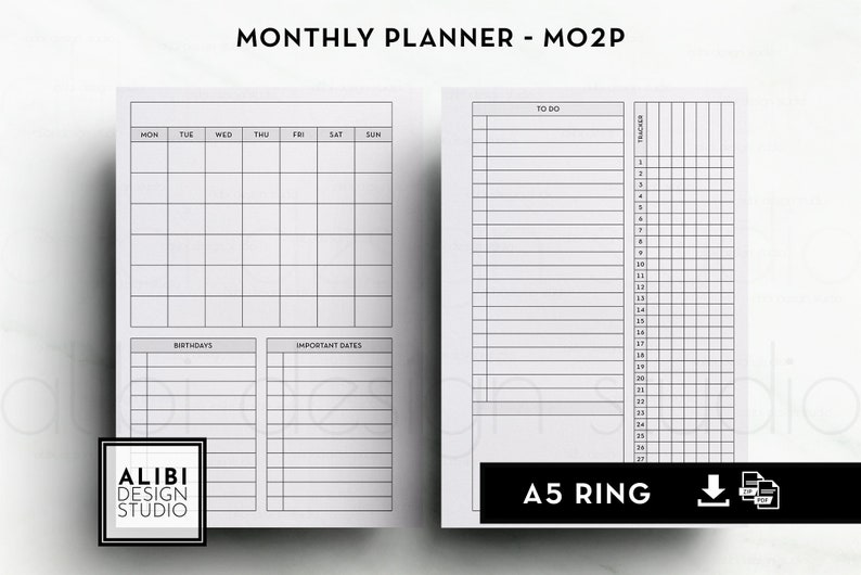 Op de afbeelding: Een dubbele pagina van een maandplanner met de tekst "MONTHLY PLANNER - MO2P". De linkerpagina heeft een kalenderraster en de rechterpagina heeft een takenlijst en tracker. De planner is gelabeld "A5 RING".