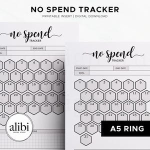 May include: Two white printable "No Spend Tracker" pages with a honeycomb grid for tracking expenses. The text "No Spend Tracker" is at the top, with fields for start and end dates. The design includes the text "Printable Insert | Digital Download".
