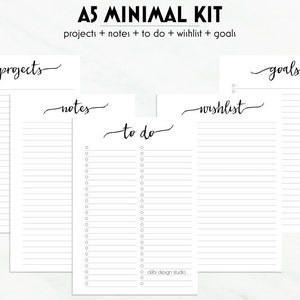 Minimal Kit, A5 Planner Inserts, To Do List, Notes Printable, Projects Planner, Goal Tracker, Wish list Printable, A5 Inserts, A5 Filofax