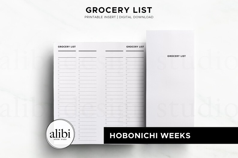 May include: A white printable grocery list insert for a Hobonichi Weeks planner. The document features the text GROCERY LIST at the top, with two columns of lined spaces and checkboxes for items. A separate vertical panel also displays the text GROCERY LIST.