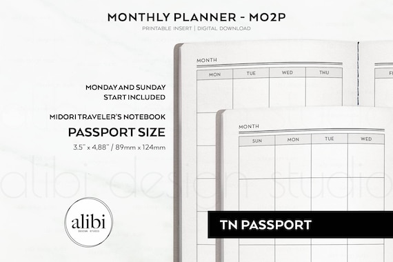 Passport TN Monthly Planner Undated Calendar, Month on 2 Pages Travelers  Notebook Midori Passport Printable Inserts Monthly Planner - Etsy