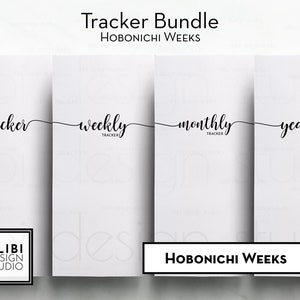 May include: A set of four printable tracker pages for Hobonichi Weeks planners. The pages are labeled "tracker", "weekly tracker", "monthly tracker", and "yearly tracker".