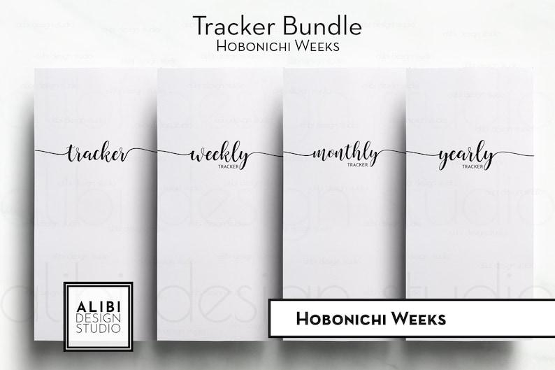 May include: A set of four printable tracker pages for Hobonichi Weeks planners. The pages are labeled "tracker", "weekly tracker", "monthly tracker", and "yearly tracker".