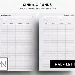 Planificador de ahorros de fondos de amortización de media carta, planificador financiero, planificador de presupuesto, insertos imprimibles de media página