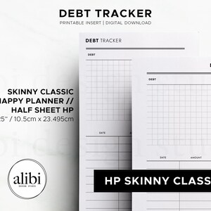 K&ouml;nnte beinhalten: Ein druckbarer Schulden-Tracker f&uuml;r einen Skinny Classic Happy Planner im Format 10,5 cm mal 23,495 cm. Die Seite enth&auml;lt einen Rasterbereich f&uuml;r Schuldendetails mit Spalten f&uuml;r Datum, Betrag und Saldo in schwarzer Schrift.