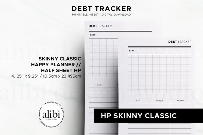K&ouml;nnte beinhalten: Ein druckbarer Schulden-Tracker f&uuml;r einen Skinny Classic Happy Planner im Format 10,5 cm mal 23,495 cm. Die Seite enth&auml;lt einen Rasterbereich f&uuml;r Schuldendetails mit Spalten f&uuml;r Datum, Betrag und Saldo in schwarzer Schrift.