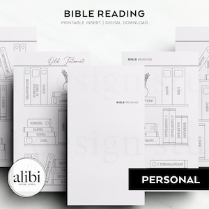May include: Printable Bible reading tracker with a black and white design. The tracker is divided into two sections: Old Testament and New Testament. Each section lists the books of the Bible in order. The tracker is labeled "Personal".