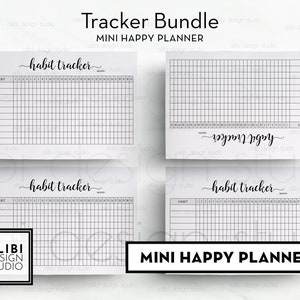 May include: A set of four printable habit tracker pages. Each page features a grid with the words "habit tracker" at the top. The pages are designed for use in a mini happy planner.