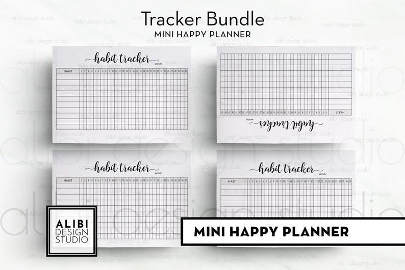 May include: A set of four printable habit tracker pages. Each page features a grid with the words "habit tracker" at the top. The pages are designed for use in a mini happy planner.
