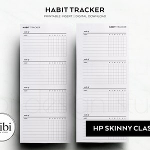Può includere: Un tracker di abitudini stampabile con un design in bianco e nero. Il tracker ha spazi per ogni giorno della settimana e più settimane. Il testo "HABIT TRACKER" e "HP SKINNY CLASSIC" è stampato sulla pagina.