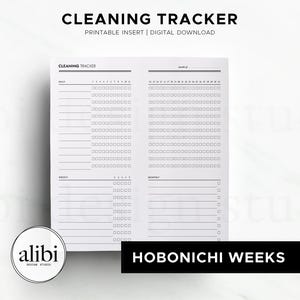 Op de afbeelding: Een zwart-wit schoonmaaktracker als printbare insert voor Hobonichi Weeks planners. Het document bevat secties voor dagelijkse, wekelijkse en maandelijkse taken met selectievakjes en lijnen voor notities, gelabeld met de tekst CLEANING TRACKER.
