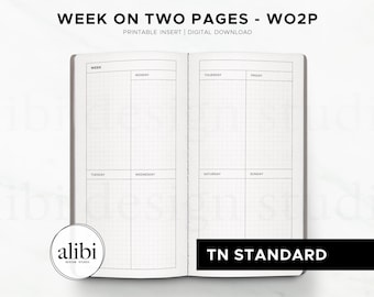 Standard TN Undated Weekly Planner Insert | WO2P Grid Layout | Minimal Week on Two Pages PDF Digital Download Travelers Notebook Printable