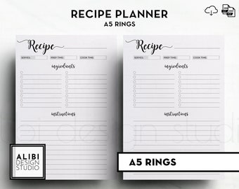 A5, Recipe Planner, Recipe Book A5 Planner Inserts, Recipe Journal, Recipe Binder, Recipe Cards, Printable Planner Recipe