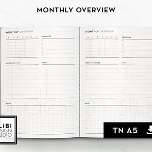 A5 TN Monthly Planner Month at a Glance Midori Traveler's Notebook Printable Refill