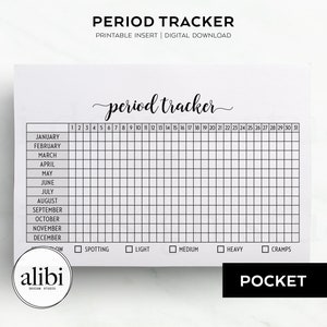 May include: Printable period tracker with a calendar grid for each month of the year. The tracker includes checkboxes for spotting, light, medium, heavy, and cramps.