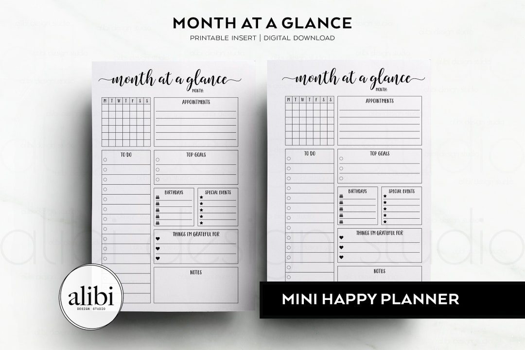 HP MINI Monthly Planner, Month at a Glance Mini Happy Planner Printable ...