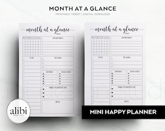 HP MINI Monthly Planner, Month at a Glance Mini Happy Planner Printable Planner Inserts Monthly Overview Birthday Appointment Tracker | Mo1P