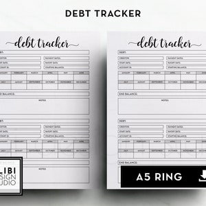 Può includere: Un tracker di debiti stampabile con due pagine, ciascuna con una sezione per informazioni sui debiti, date di pagamento, saldo iniziale e un calendario mensile da gennaio a dicembre. Il testo "DEBT TRACKER" è in cima alla pagina. Il testo "debt tracker" è scritto in corsivo in cima a ciascuna pagina. Il testo "A5 RING" è in fondo alla pagina.