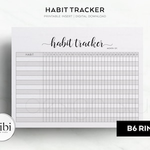 Puede incluir: Un rastreador de hábitos imprimible con un diseño en blanco y negro. El rastreador tiene una sección para el mes y una cuadrícula para 31 días. El texto "habit tracker" está escrito en cursiva en la parte superior de la página.